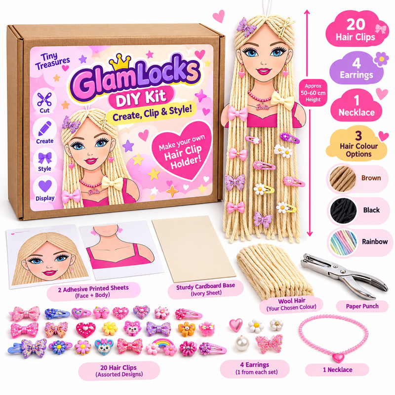 GlamLocks DIY Kit by Tiny Treasures: brown kit box, finished blonde-haired doll hair clip holder, printed doll sheets, cardboard base, yarn hair, 20 hair clips, 4 earrings, necklace and paper punch