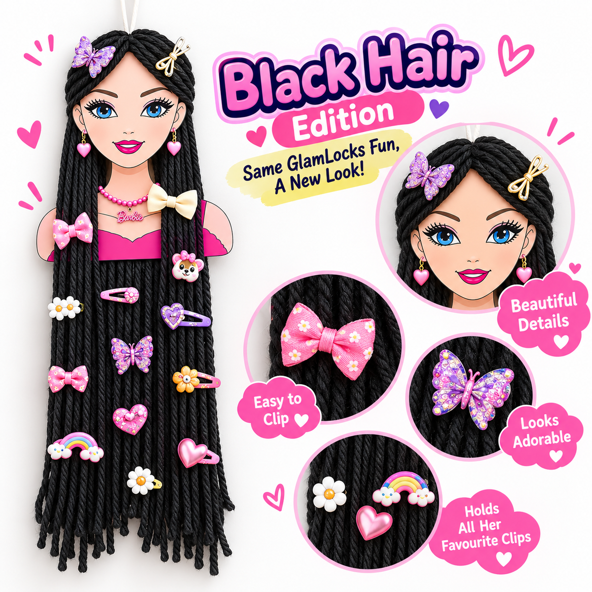 GlamLocks doll hair clip holder with black yarn hair decorated with colourful hair clips