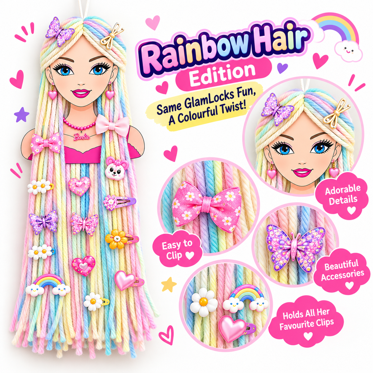 GlamLocks doll hair clip holder with pastel rainbow yarn hair decorated with colourful hair clips