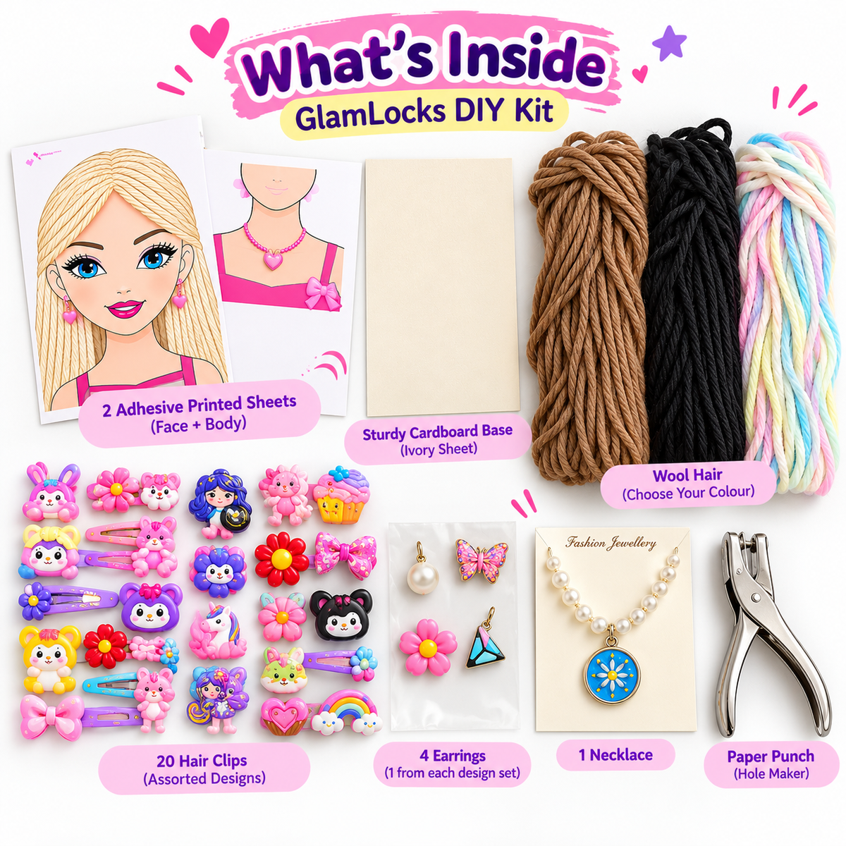 What's inside the GlamLocks DIY Kit: 2 adhesive printed sheets, ivory cardboard base, yarn hair in brown, black or pastel rainbow, 20 hair clips, 4 earrings, 1 necklace and a paper punch