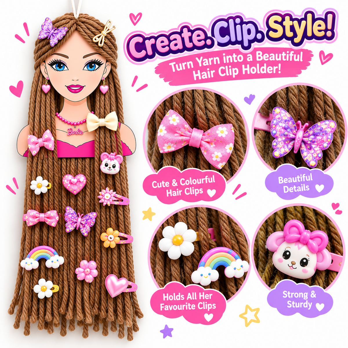 Close-up of brown yarn hair with bow, butterfly, flower and rainbow hair clips on the GlamLocks doll