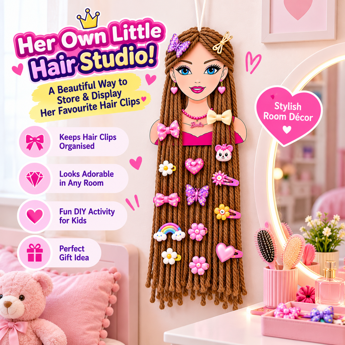 Finished GlamLocks doll hair clip holder hanging on a wall in a pink child's bedroom beside a mirror