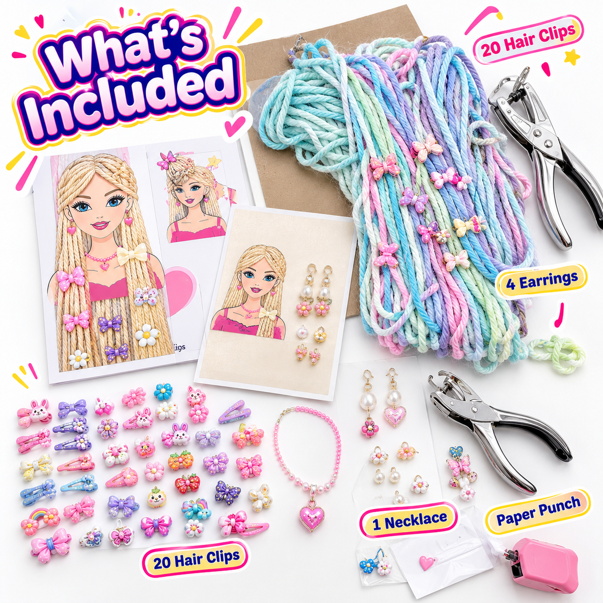 GlamLocks DIY Kit materials laid out: doll sheets, cardboard, yarn, 20 hair clips, 4 earrings, necklace and paper punch